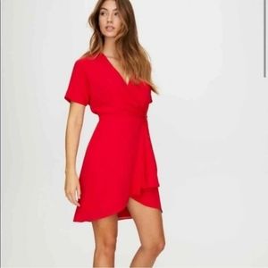 Babaton Aritzia Wallace Red Short Sleeve Tie Mini Wrap Dress
